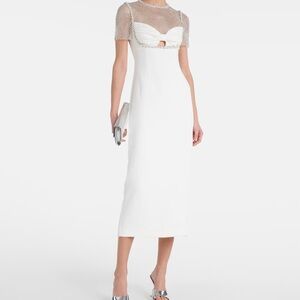 Self-Portrait White Midi Dress with Mesh Sleeves